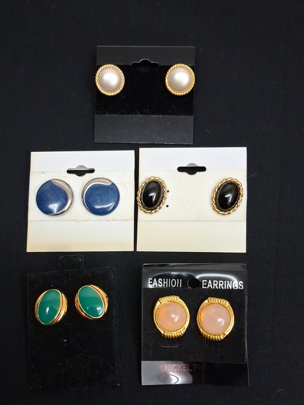 Vintage Stud Earrings Bundle 5 Pairs Retro Cabochon Pearl Gold Tone